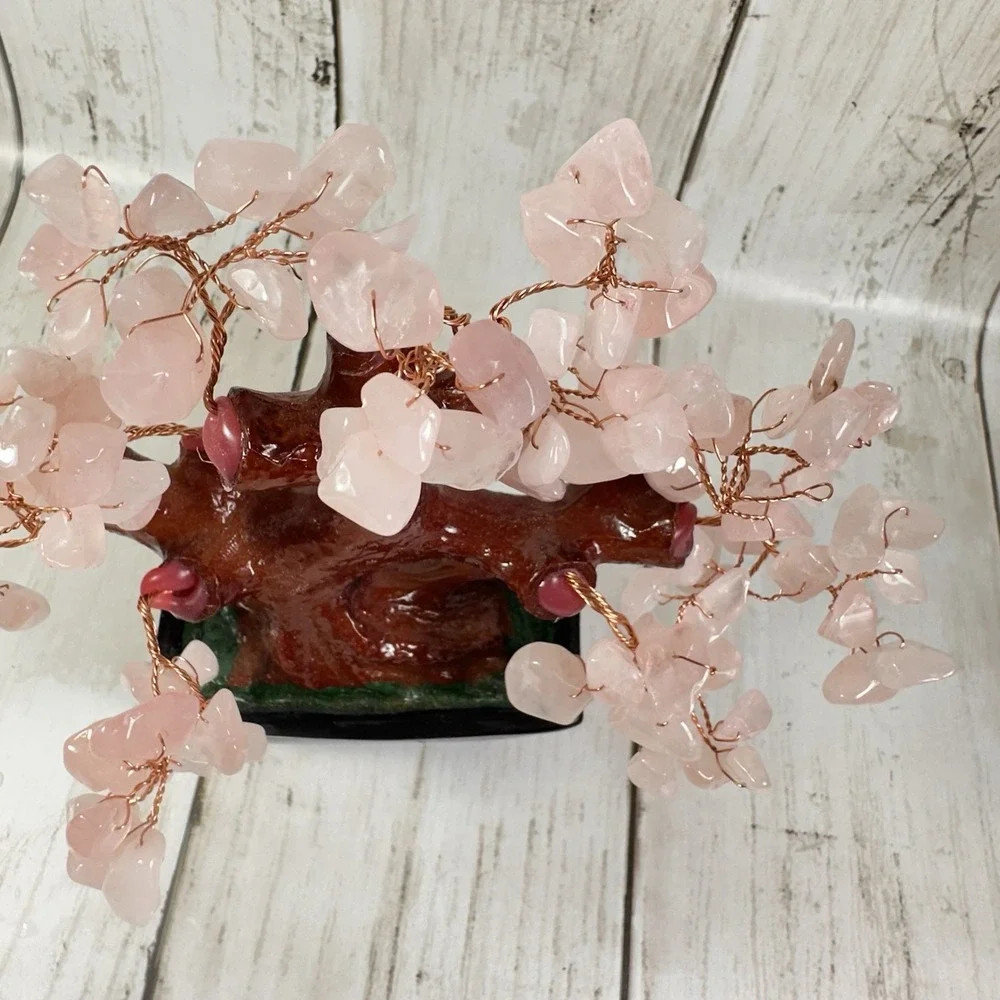 Feng Shui Natural Rose Pink Quartz Crystal Money Tree Bonsai Style Decoration Fo